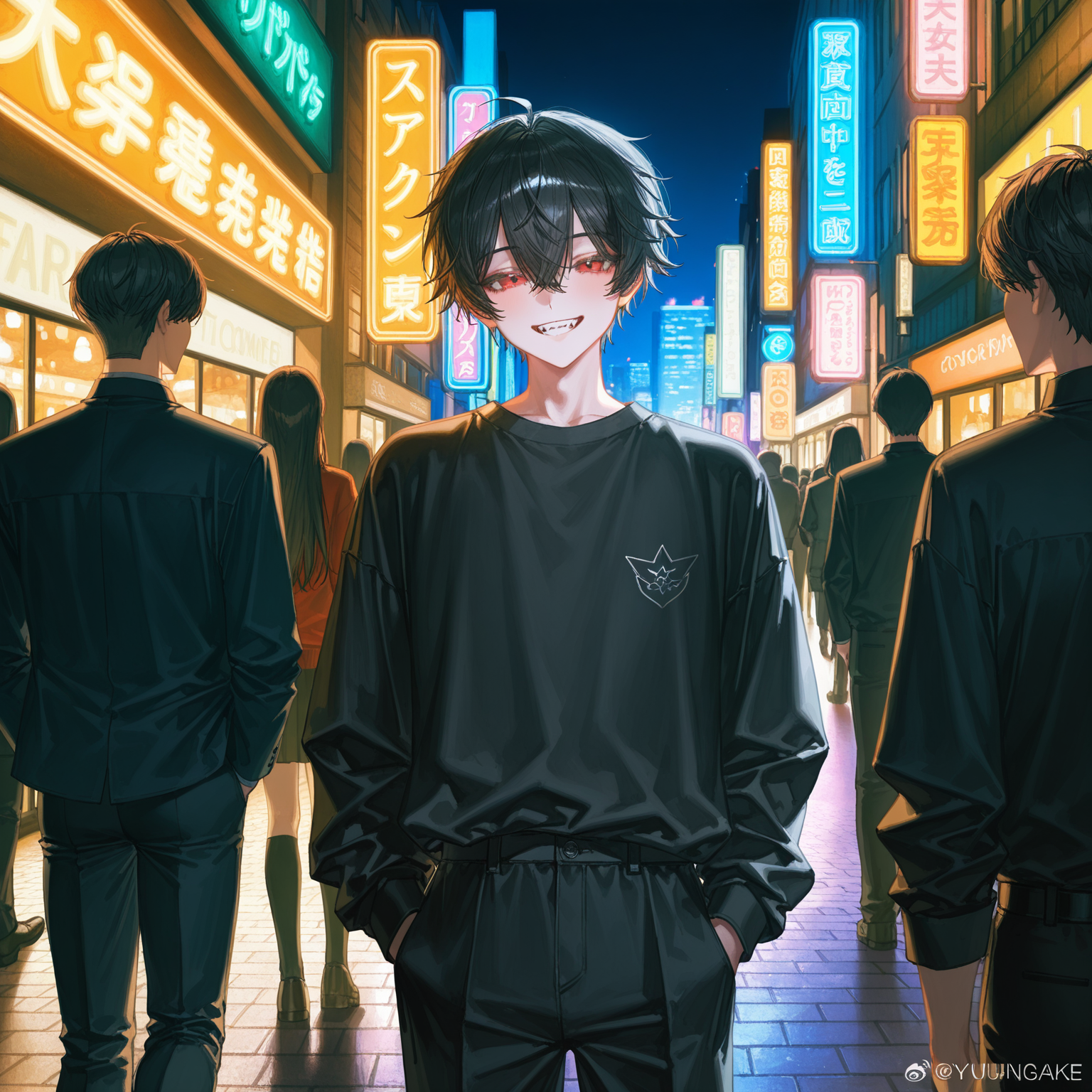 深夜、繁華街で男、(さきがナンパされてた)に話しかけるセイ