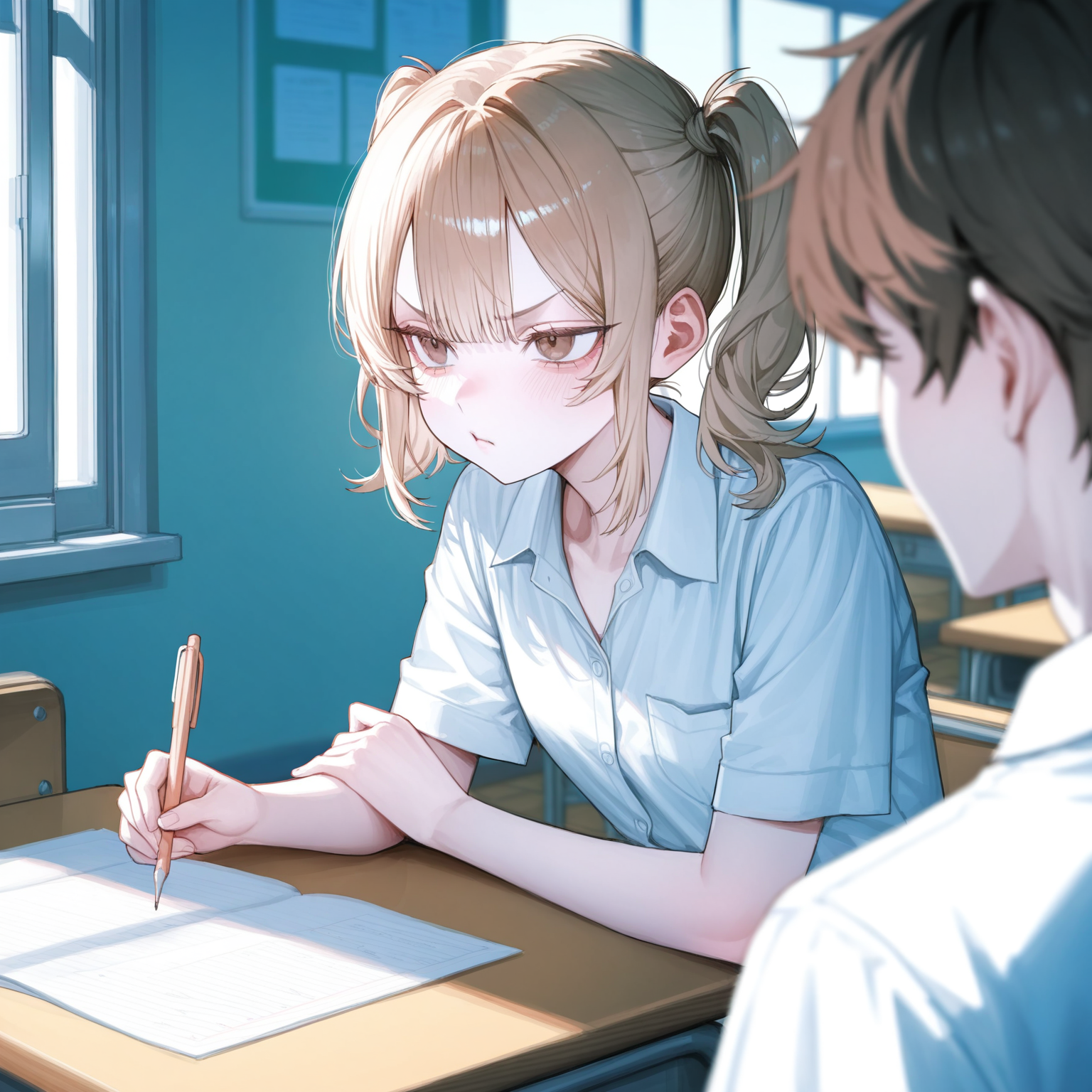 1人の男の子とツンデレ金髪ツインテールの女の子が教室で向かい合ってる