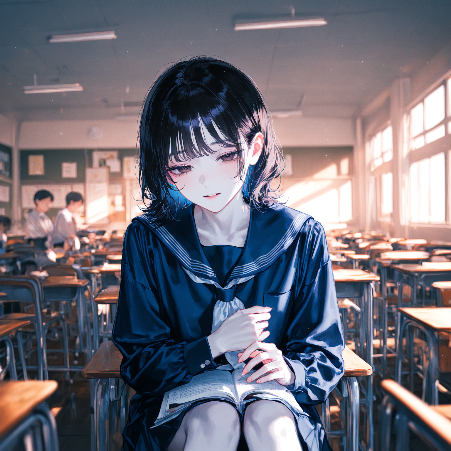 隣の席に座る不気味の谷の女の子が薄目でこちらを見る様子