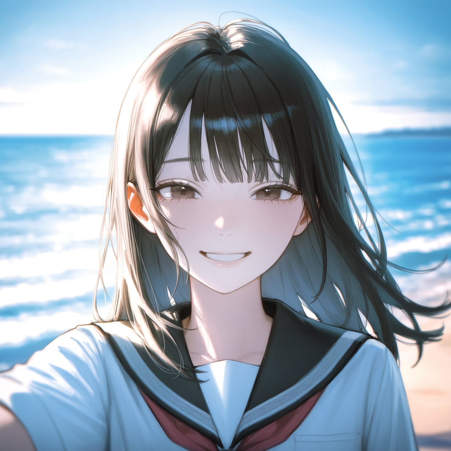 ソラと僕が海辺を走り回って楽しそうにしてる様子