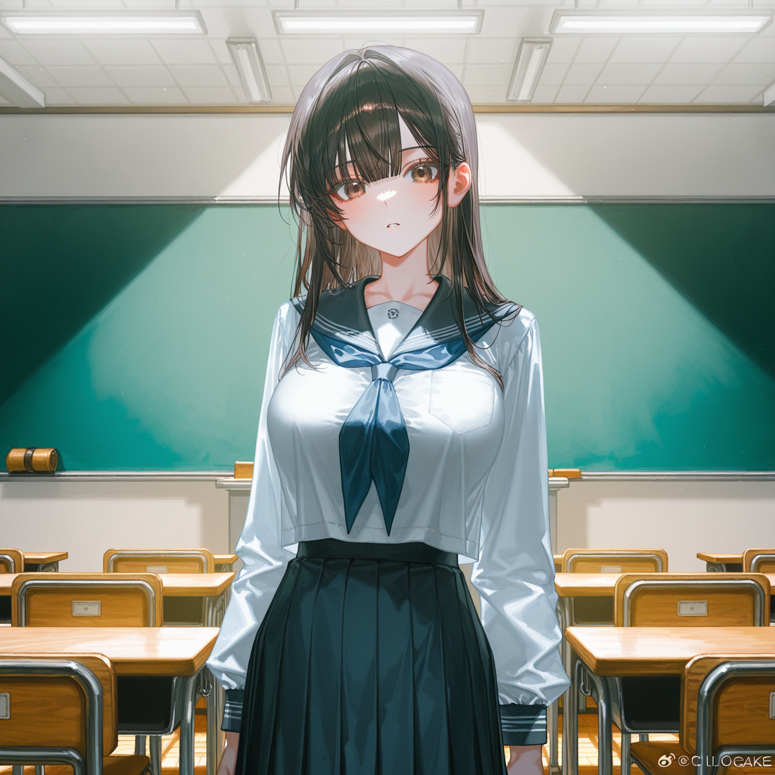 学校の黒板の前に琴音がたっているところ

