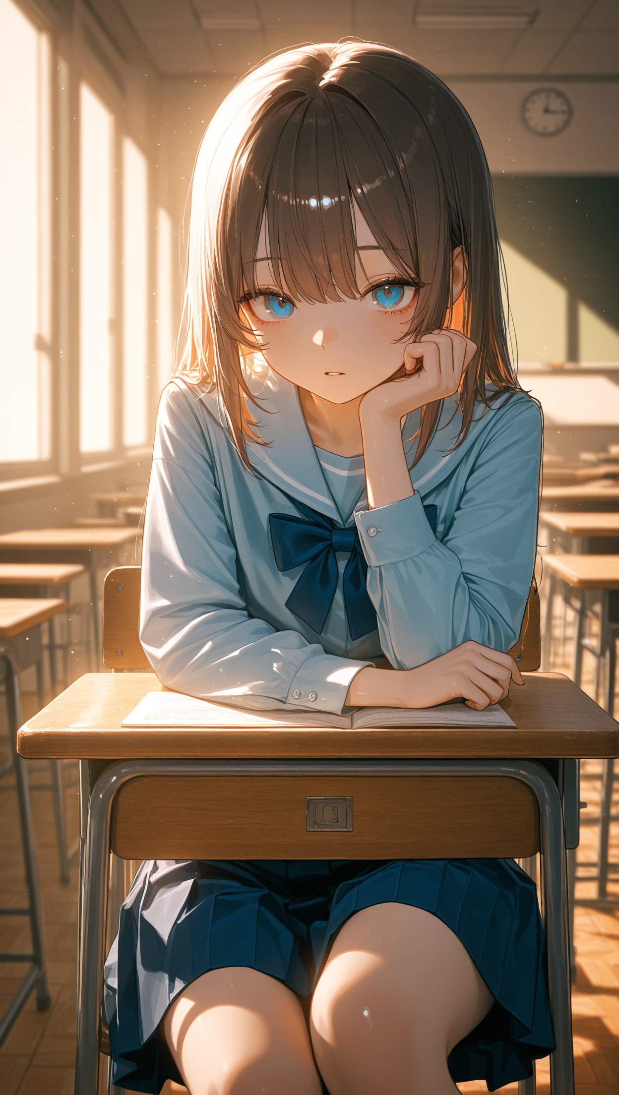 夕方で17時ぐらいの放課後、教室、机の椅子に座っている女子生徒。