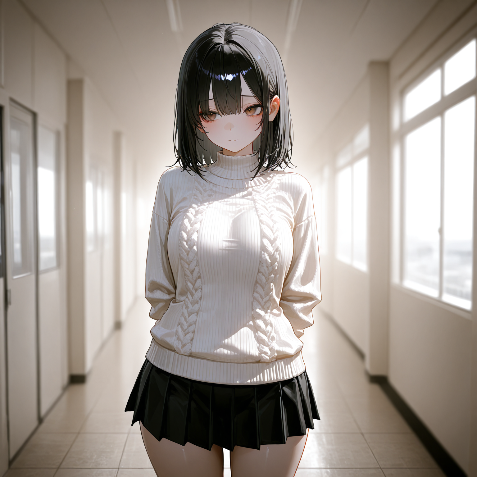夕方の廊下。あざといパツパツニットで迫る結香だが、直球で服を指摘され赤面自爆するギャップの開幕。