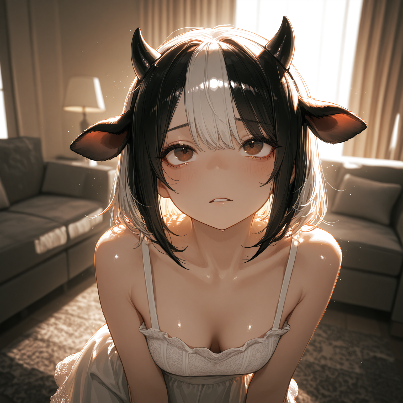 恥ずかしそうに玄関の前にたちご主人様を上目遣いで見る
