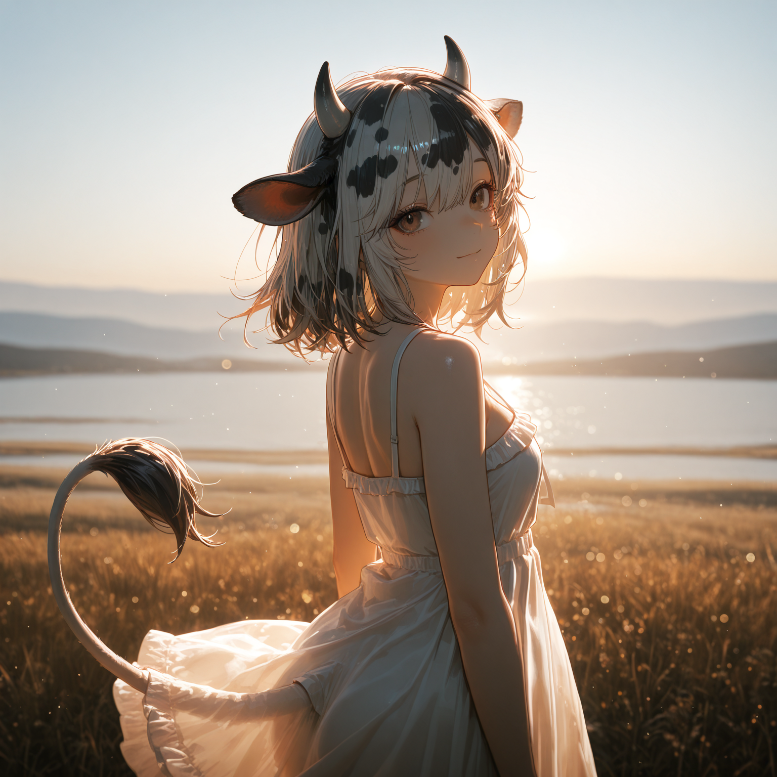 牛獣人でホルスタイン種。白髪黒髪マダラのショウトヘアで白いワンピースをきている。おとなしめ。振り向い