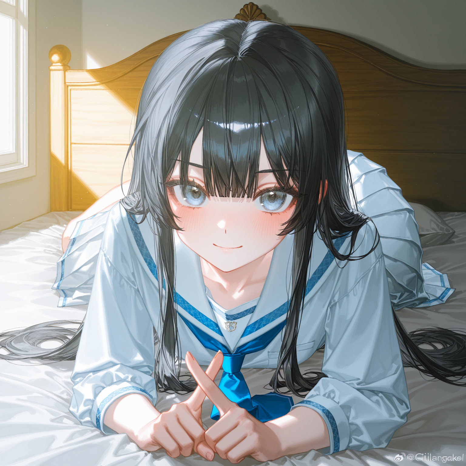 うしおがベッドでニヤニヤしながら主人公をみている