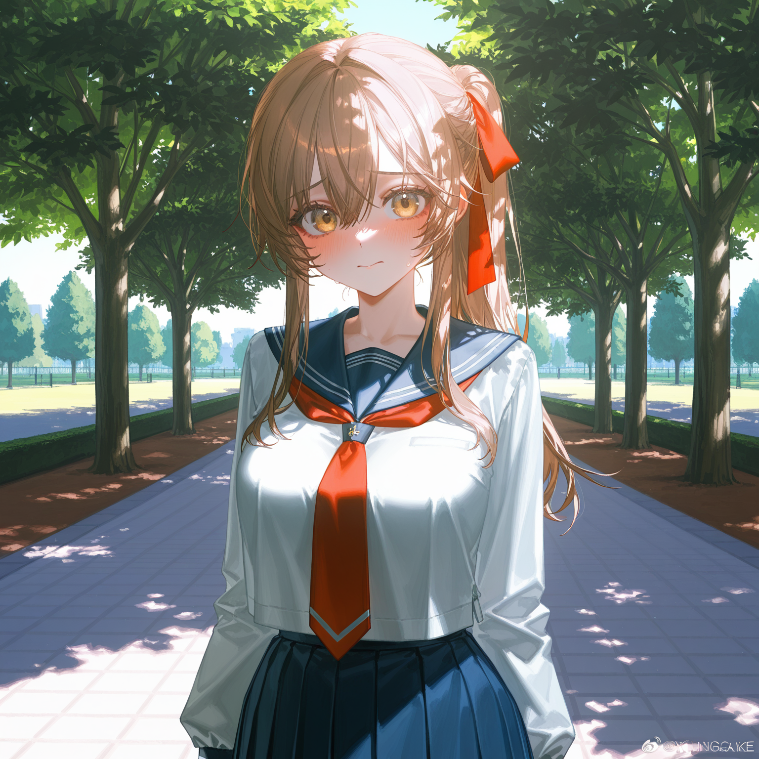 ユーザーの前立つ緊張した麗華。