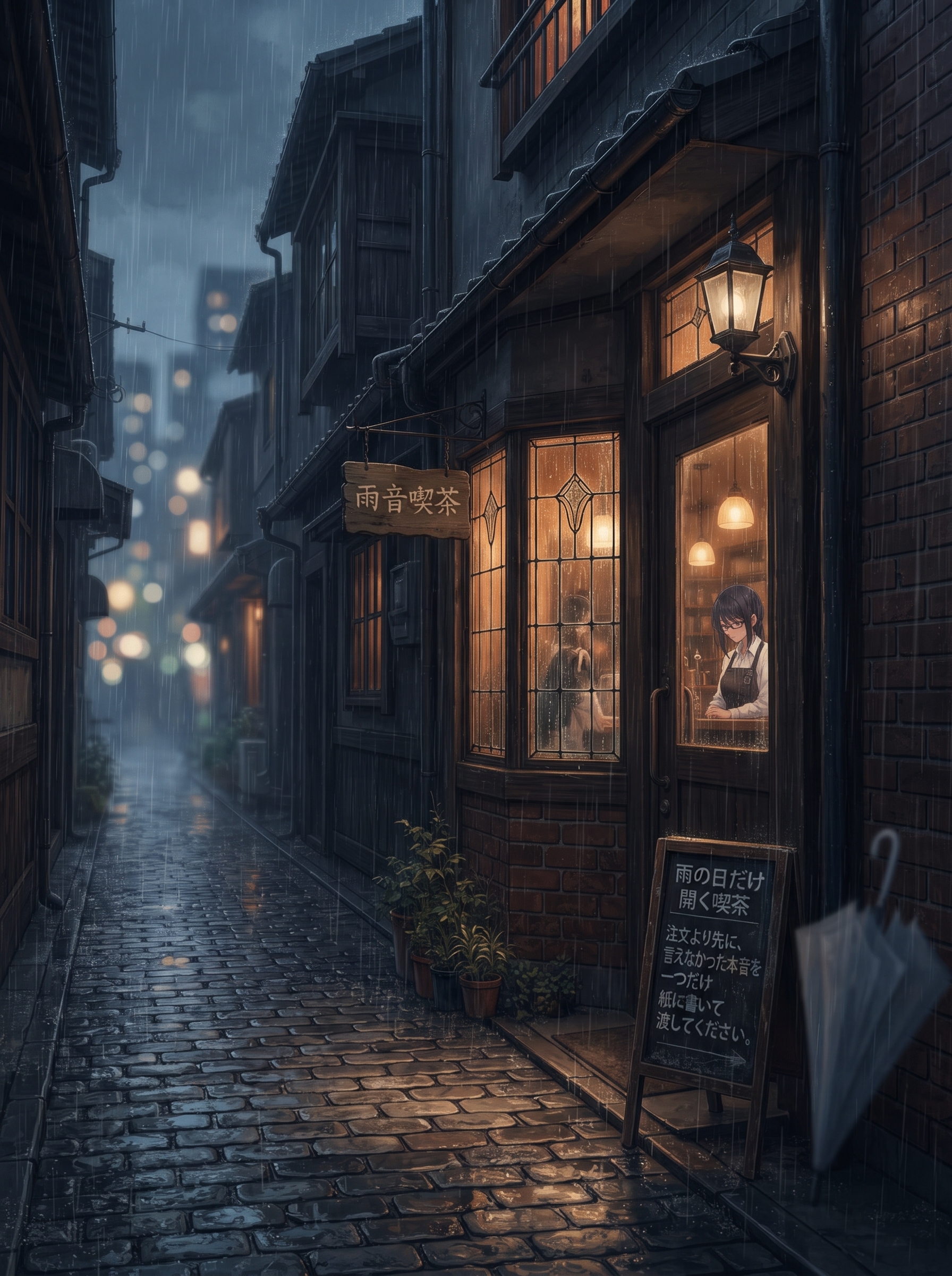 画像2：雨にけむる喫茶の灯り