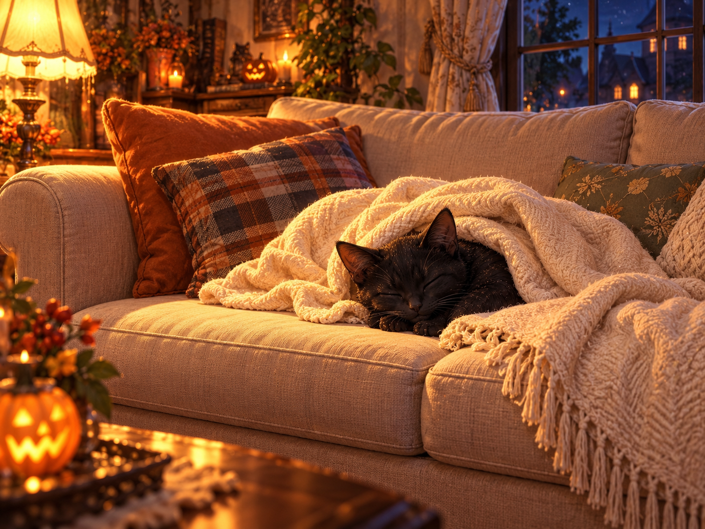 夜のソファで眠る黒猫