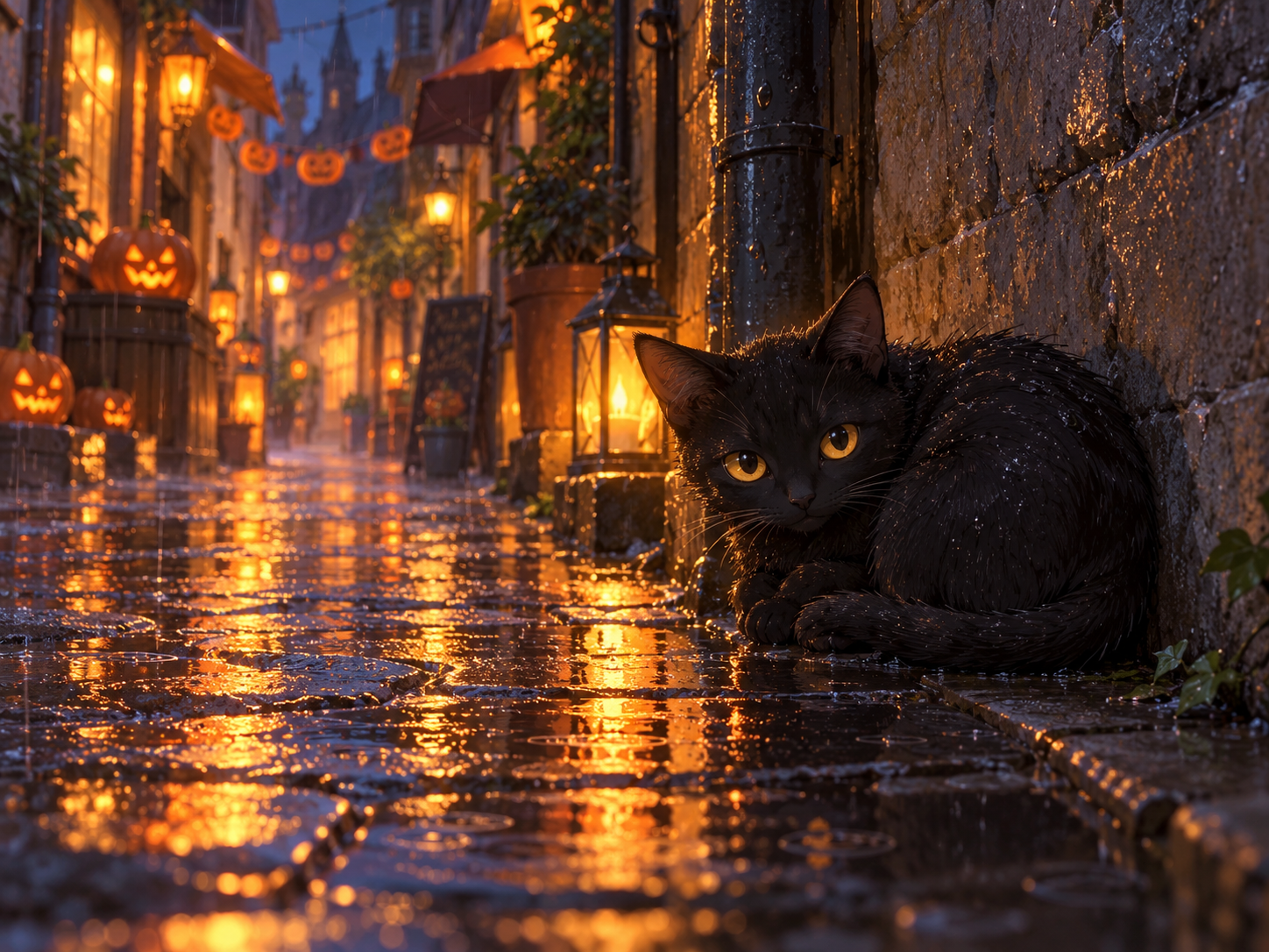 雨の路地裏の黒猫