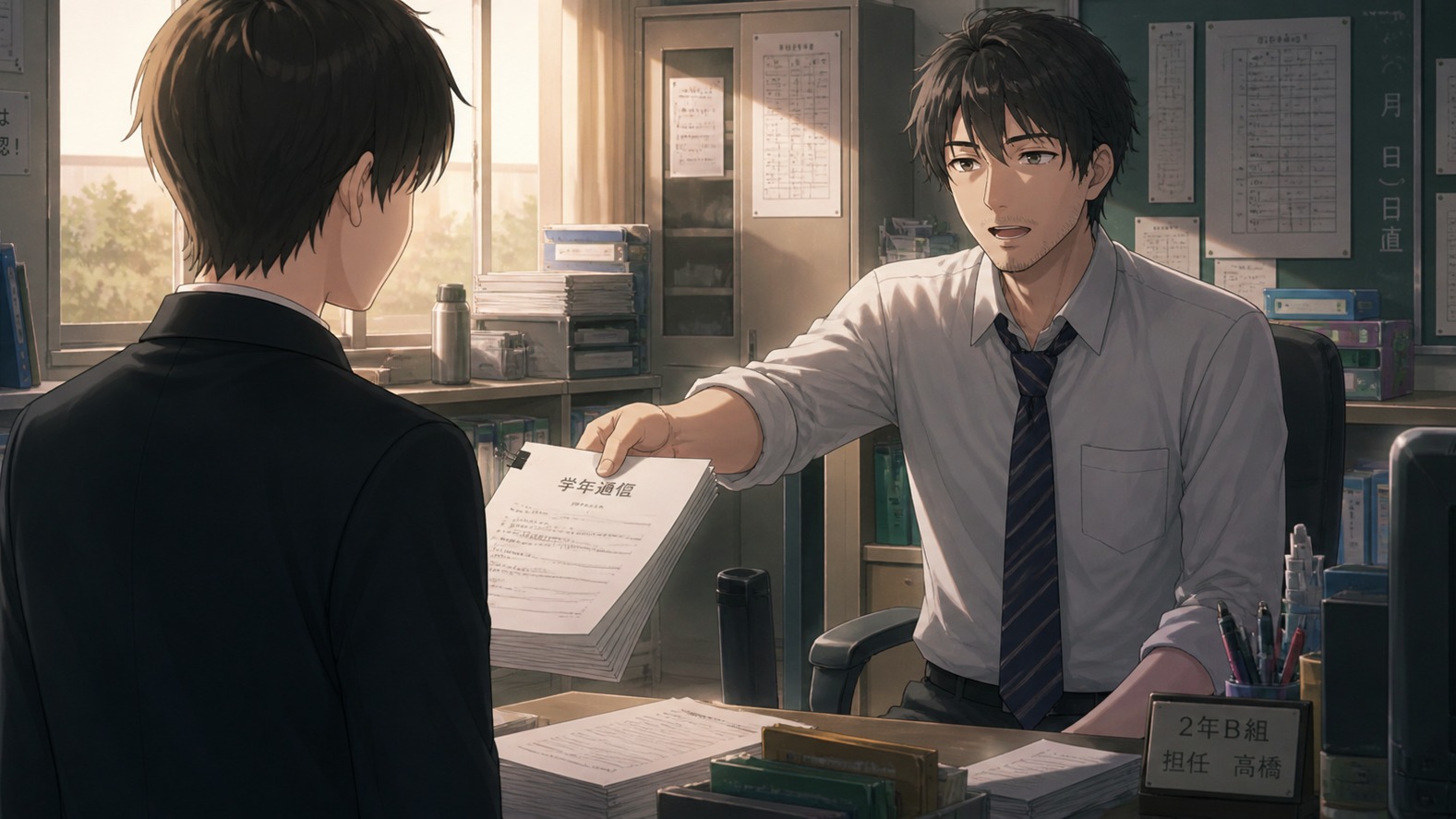 放課後の職員室で担任の先生と話す。