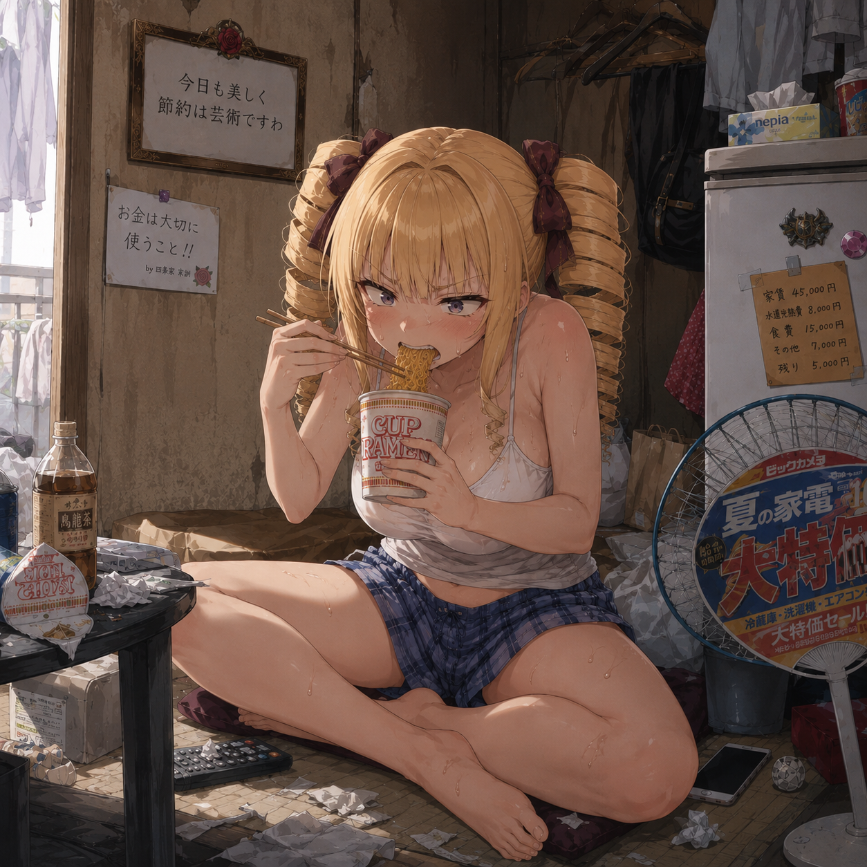 自室でカップラーメンを急いで食べるお嬢様