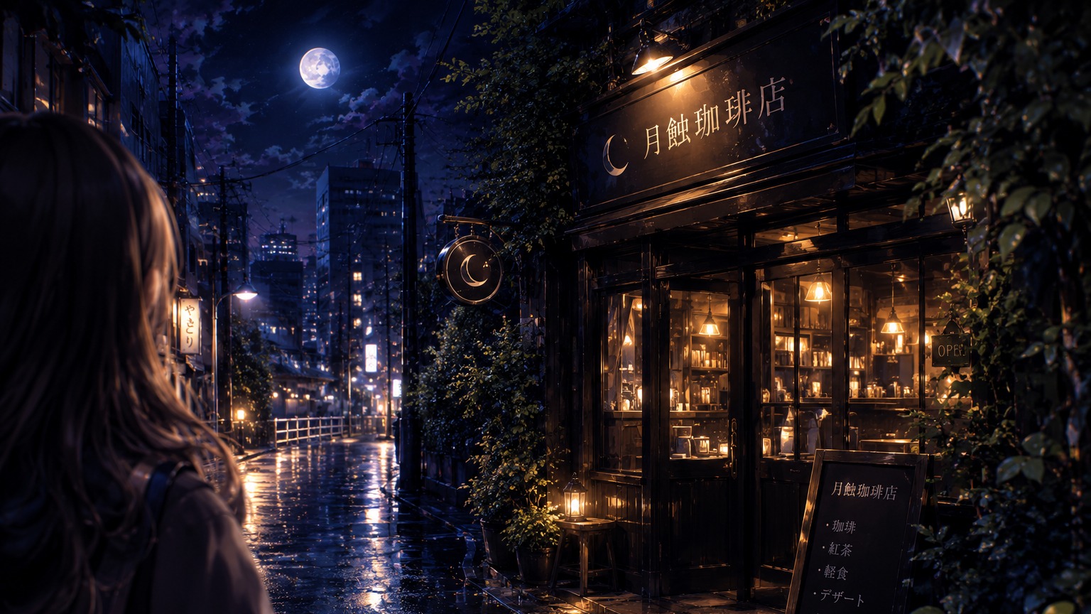 深夜。主人公は帰宅途中、見慣れない道に迷い込む。
静かな夜道の先に、見覚えのない小さな珈琲店がある。