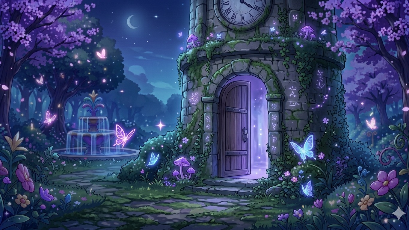 神秘の時計塔がそびえる魔法の森