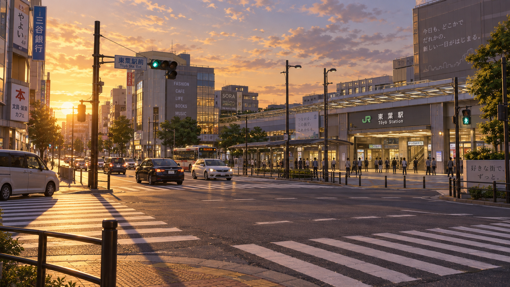 現実世界夕暮れの駅前