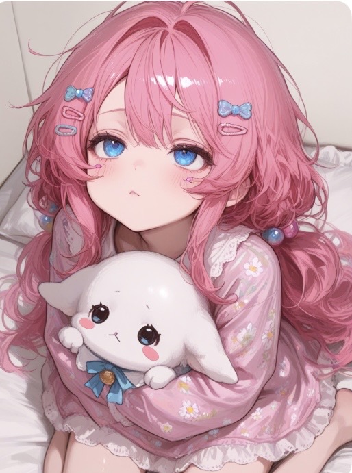 ぬいぐるみをだっこして眠そうなシーン