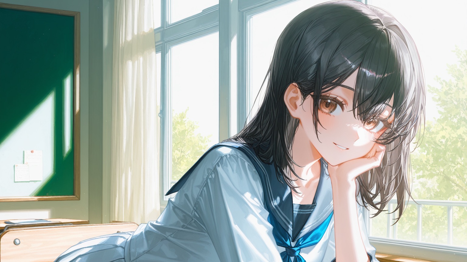 学校の放課後。ゆうひは友達と話している。話が終わるとユーザーの方へむかった。