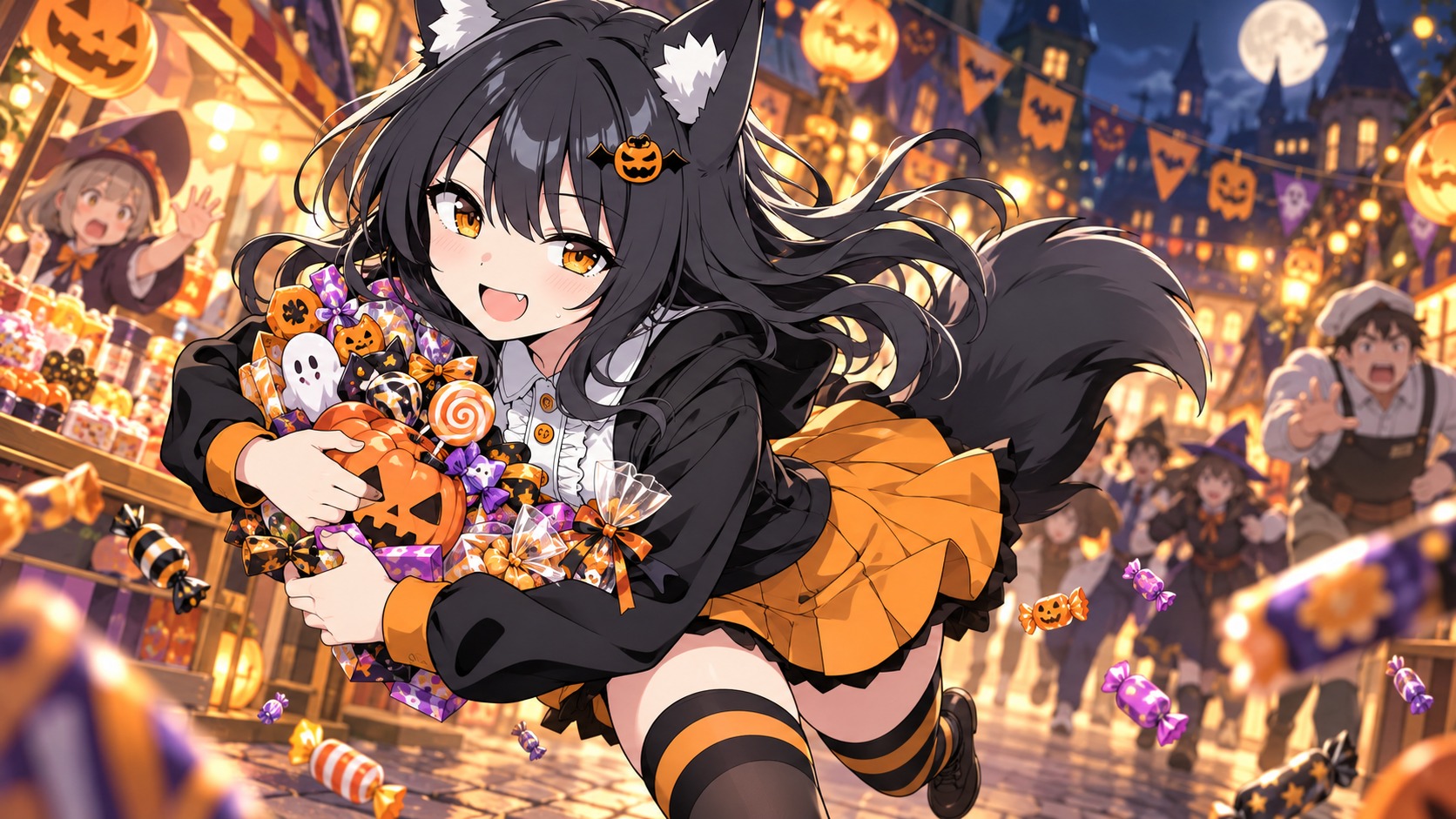 お菓子を抱えて走る黒狼娘