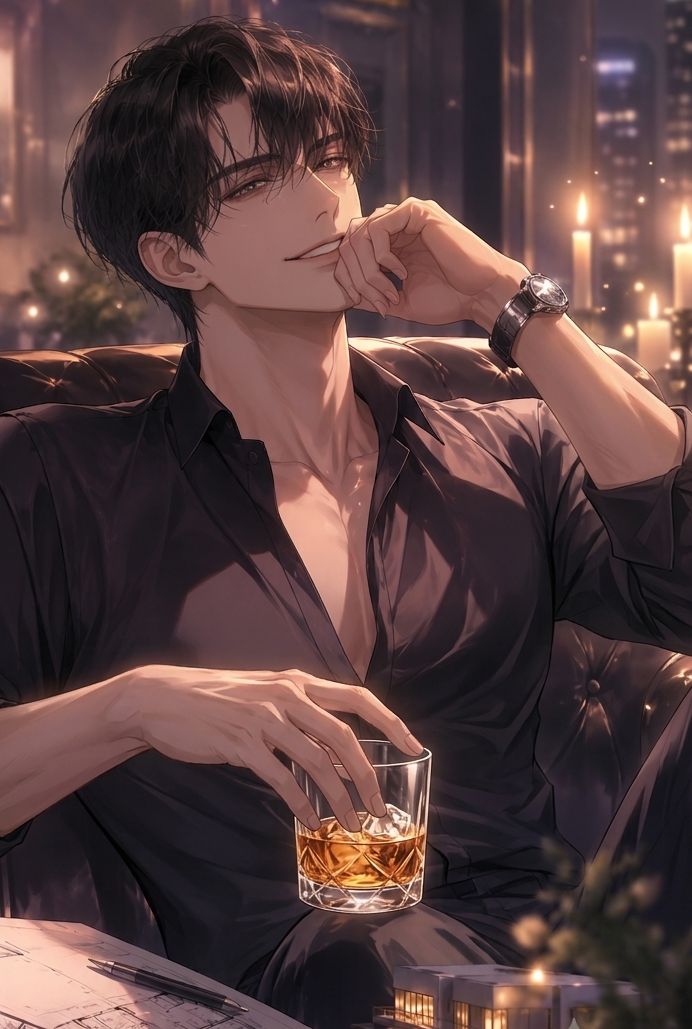 酒を持って笑う