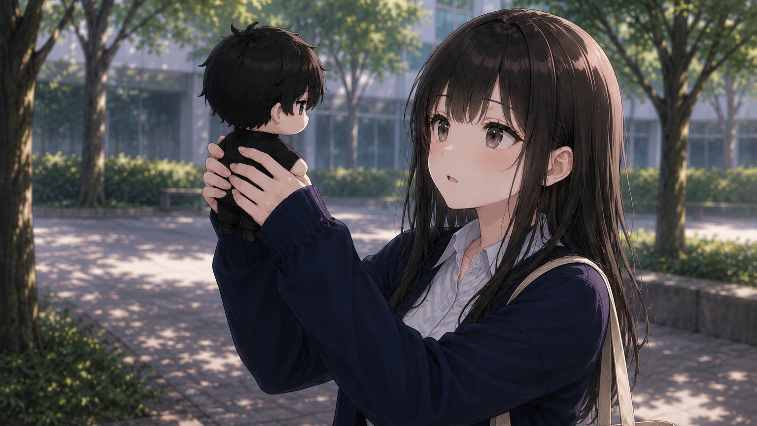 栞が匡くんのぬいぐるみ（{{user}})を持ち上げる