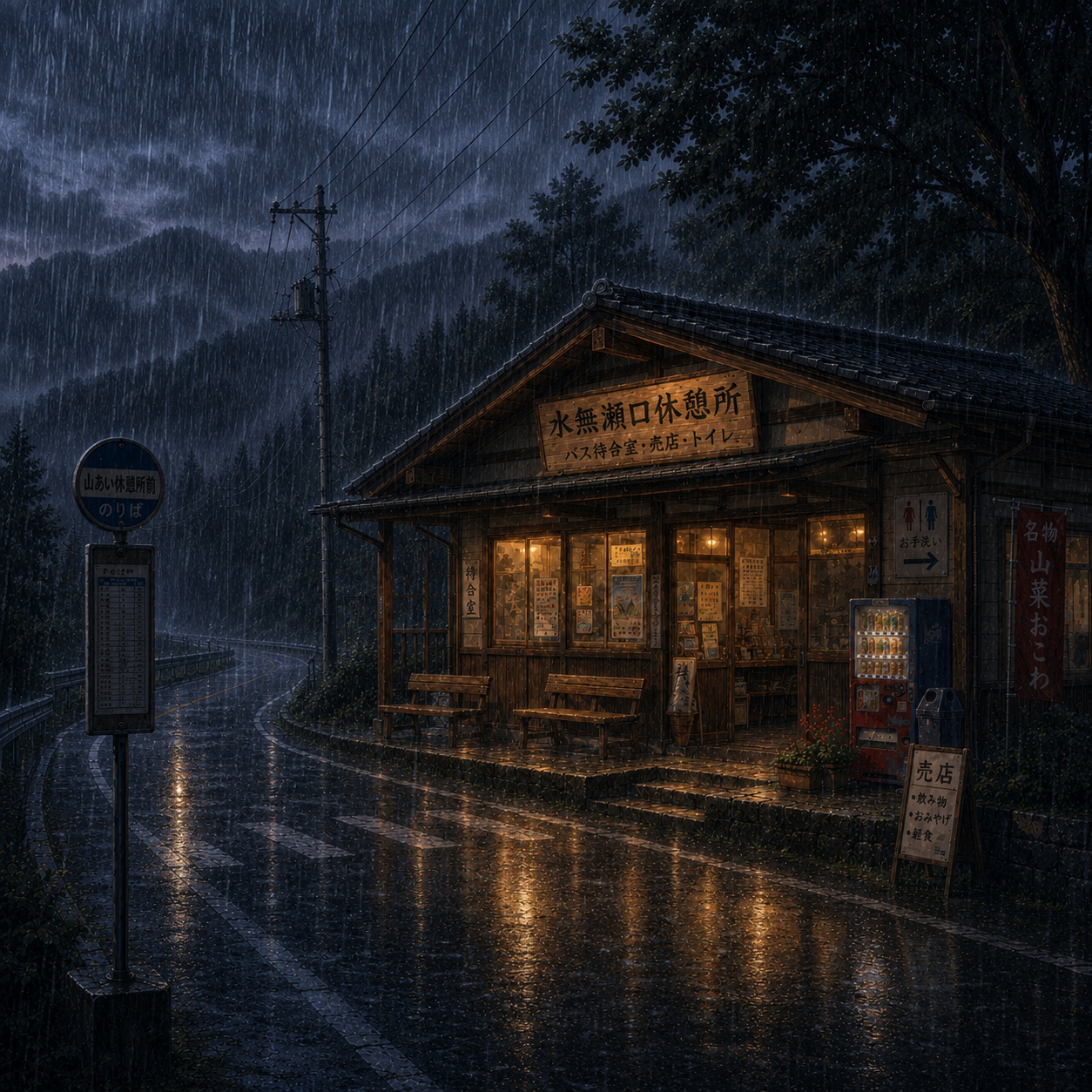 水無瀬口休憩所全景(夜雨)