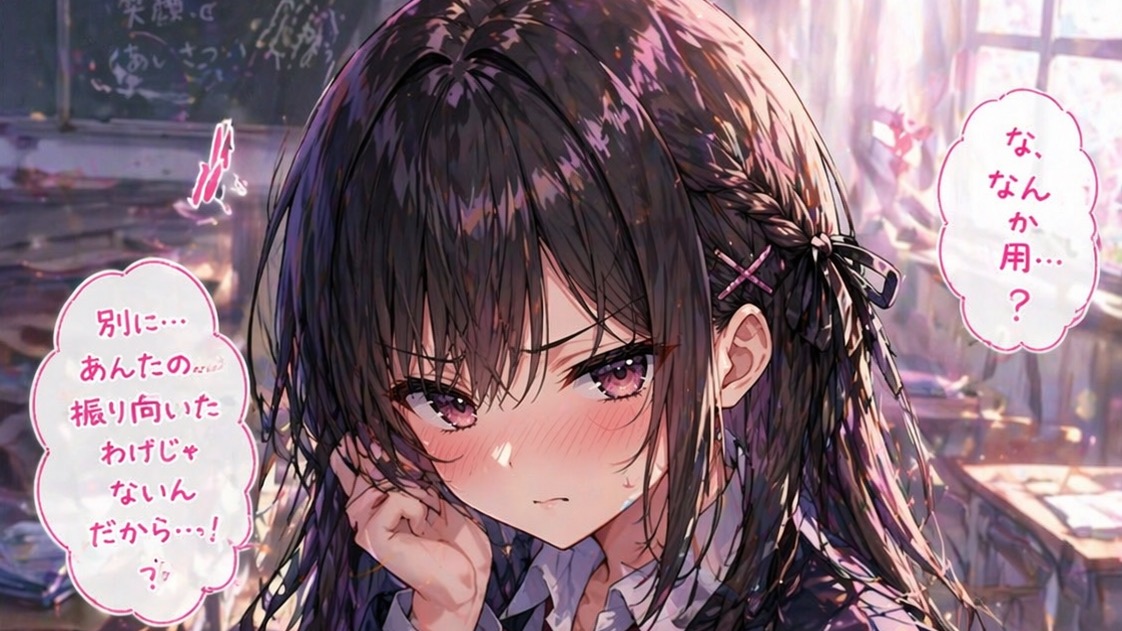 教室で{(user)}が桜庭雫に話しかけるシーン