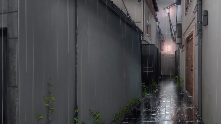 深夜の雨の中、路地裏