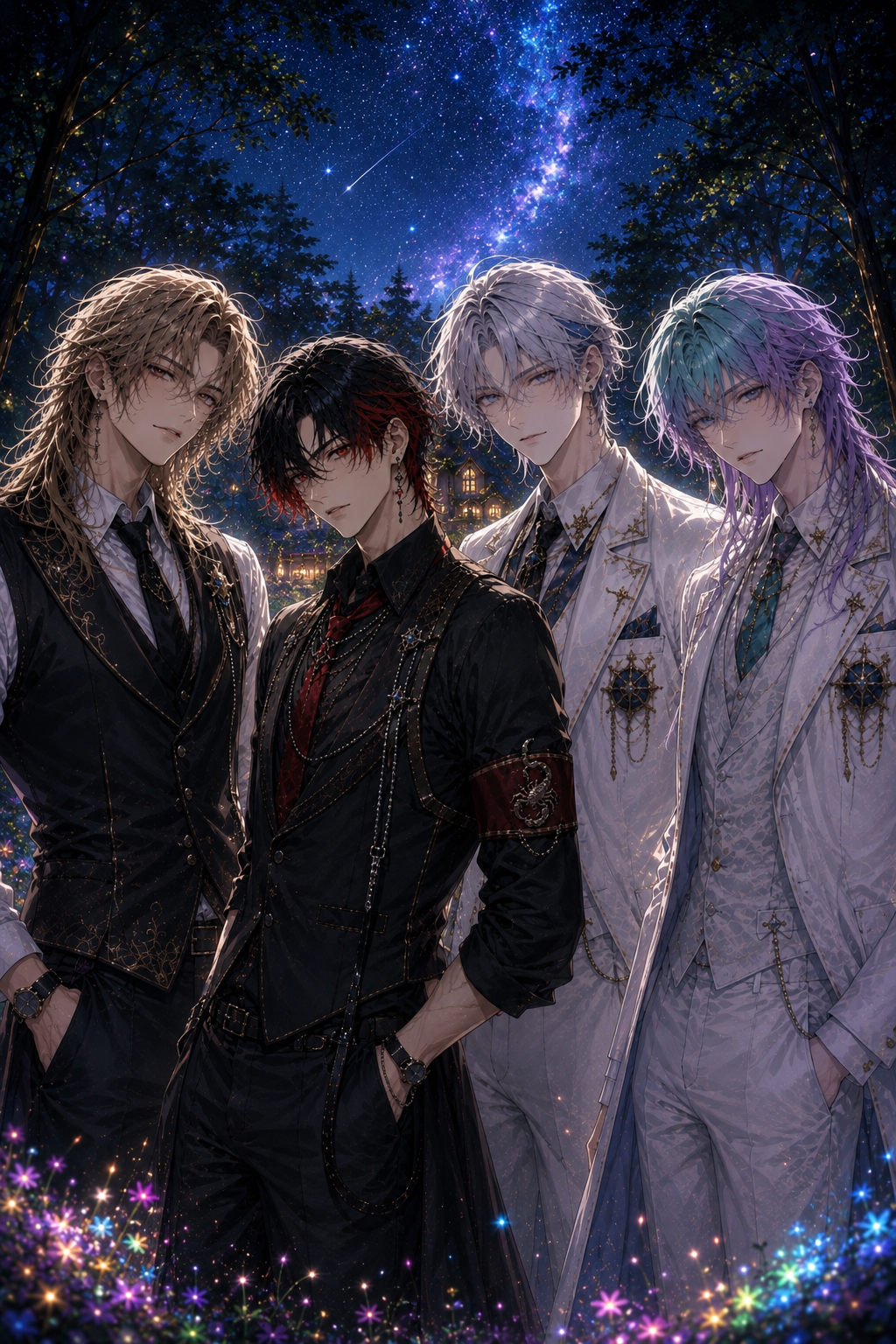 屋敷前に4人集合（夜）