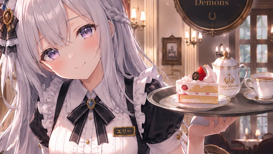 (user)の家で優雅なティータイム、お菓子と飲み物を甲斐甲斐しく給仕するメイドのエリィ