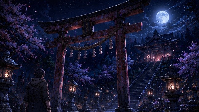 夜の山奥、朽ちた鳥居へ続く石段。月明かりに照らされた鳴狐神社。