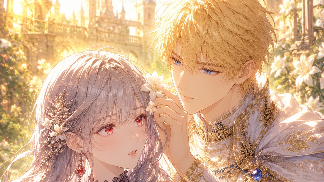 姫の頭に花がついてて取ってあげてるシーン