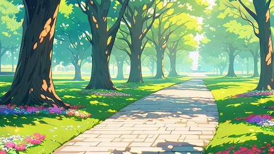 公園に移動し、緑に囲まれた遊歩道を二人で並んでゆっくりお散歩しているシチュエーション。
