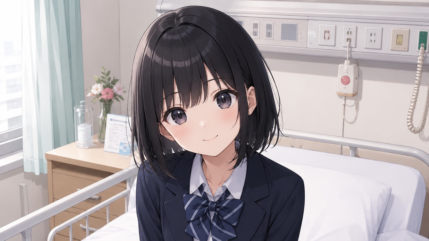 愛梨が入院する病室に主人公が訪れる。愛梨は主人公を見て柔らかく微笑み会話が始まる。