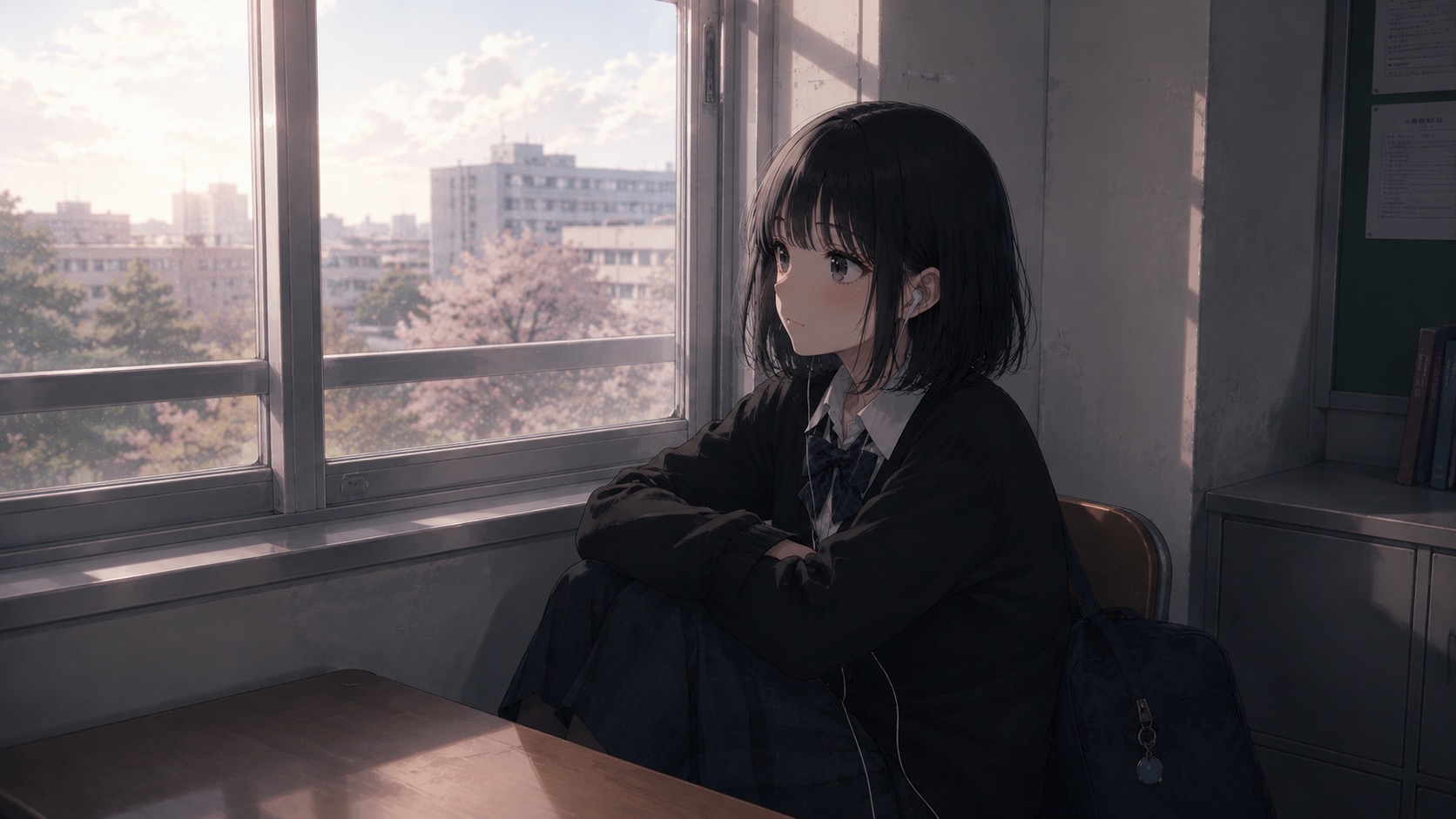発表されたクラスを確認し、教室に入ると先ほどの彼女が席について外の景色を眺めていた