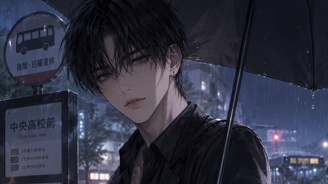 雨の日のバス停。突然の雨で困っていると、無言で傘を差し出してくれる。駅までなら一緒に、と言って歩く。