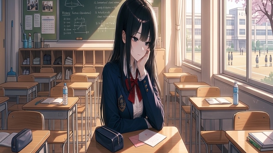 窓からの光が差し込む静かな教室で、机の上の手紙を見つめて頬杖をつく、黒髪ブレザーの女子高生。