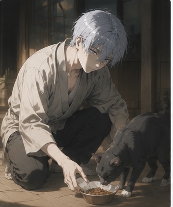 猫にご飯をあげる