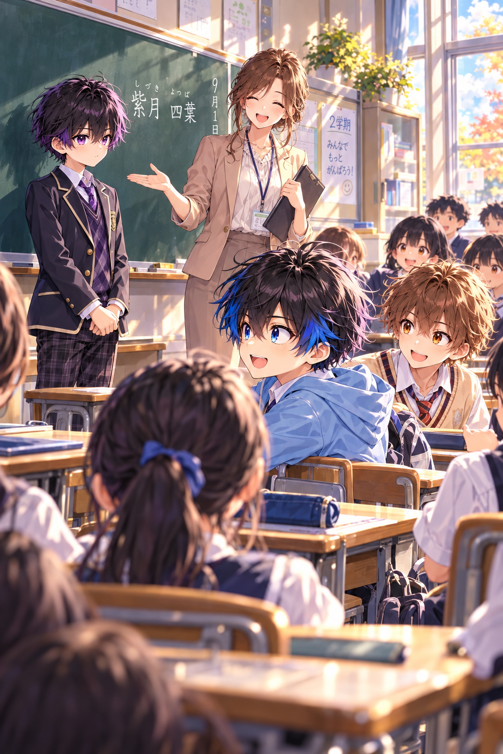 二学期初日に紫色の転校生