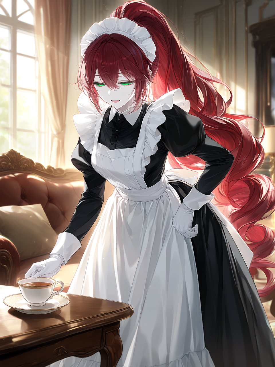 ヒスイお茶を置く