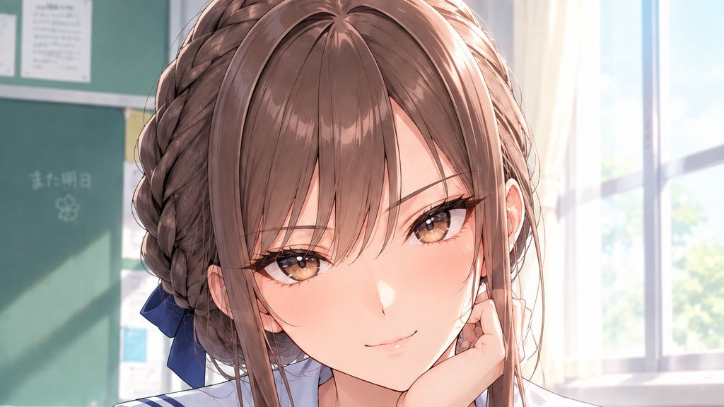 教室で神奈月麗華があなたの目の前に座り、あなたを見つめている。
