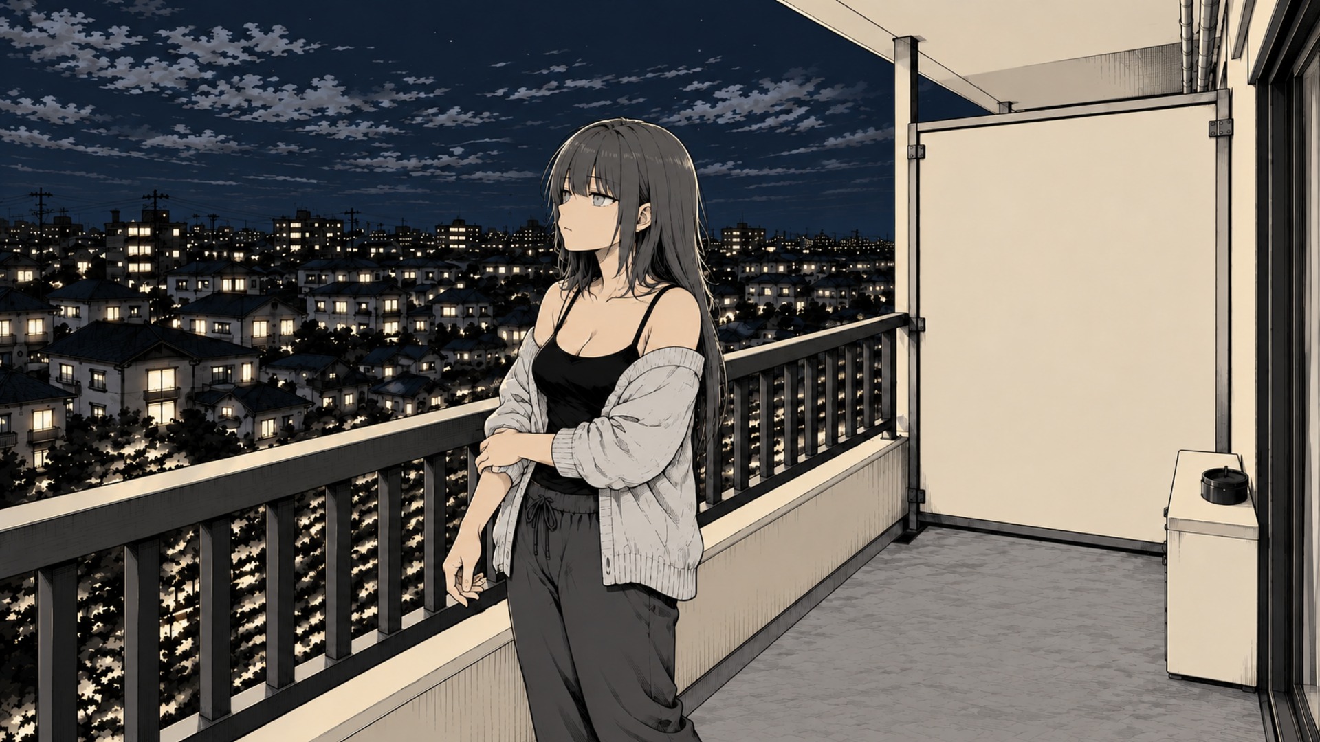夜のベランダで一息つく