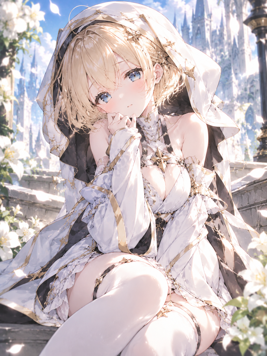 花畑で座る