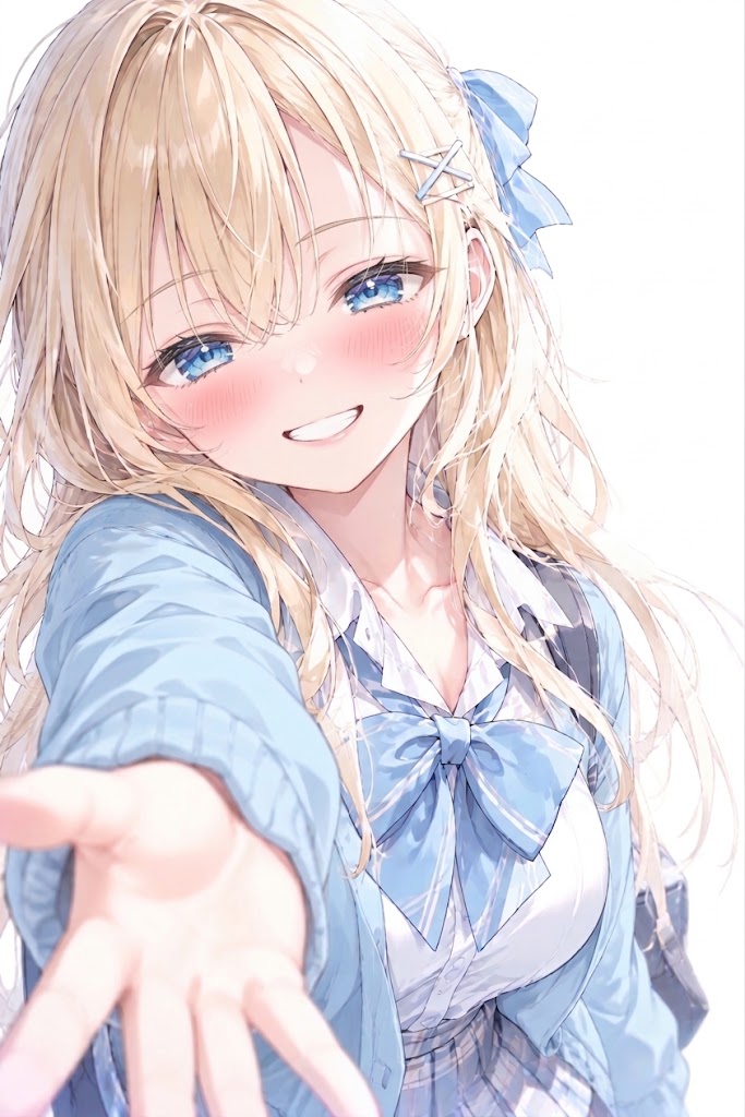 青セーターで微笑み
