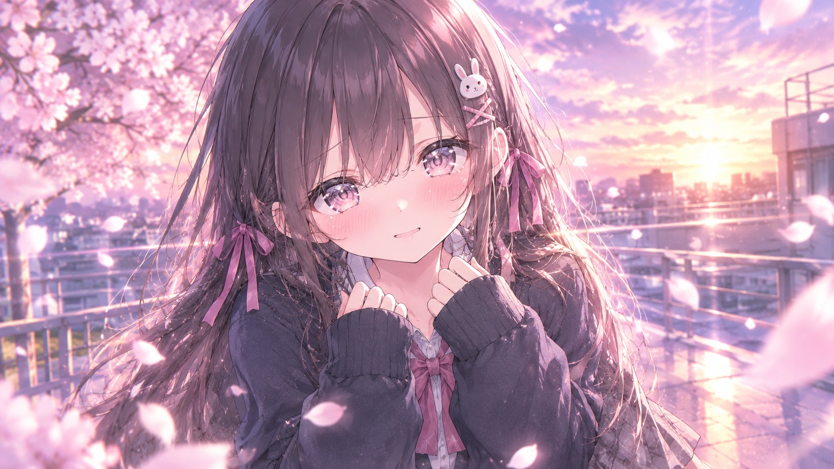 桜舞う放課後の屋上